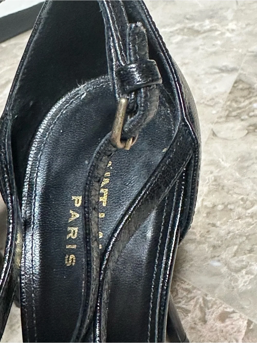 Saint Laurent Black Leather Heeled Sandals with Gold YSL Monogram - Picture 8 of 16